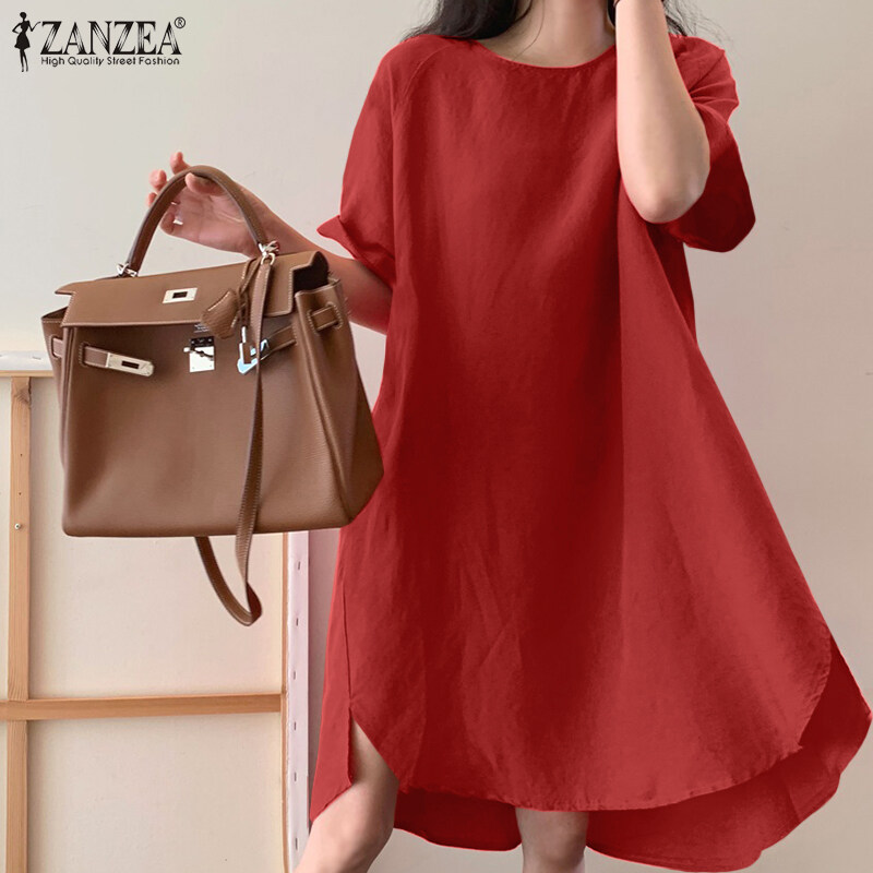 ZANZEA Korean Style Women Short Sleeve O-Neck Linen Cotton Plain Mini T-Shirt Dress