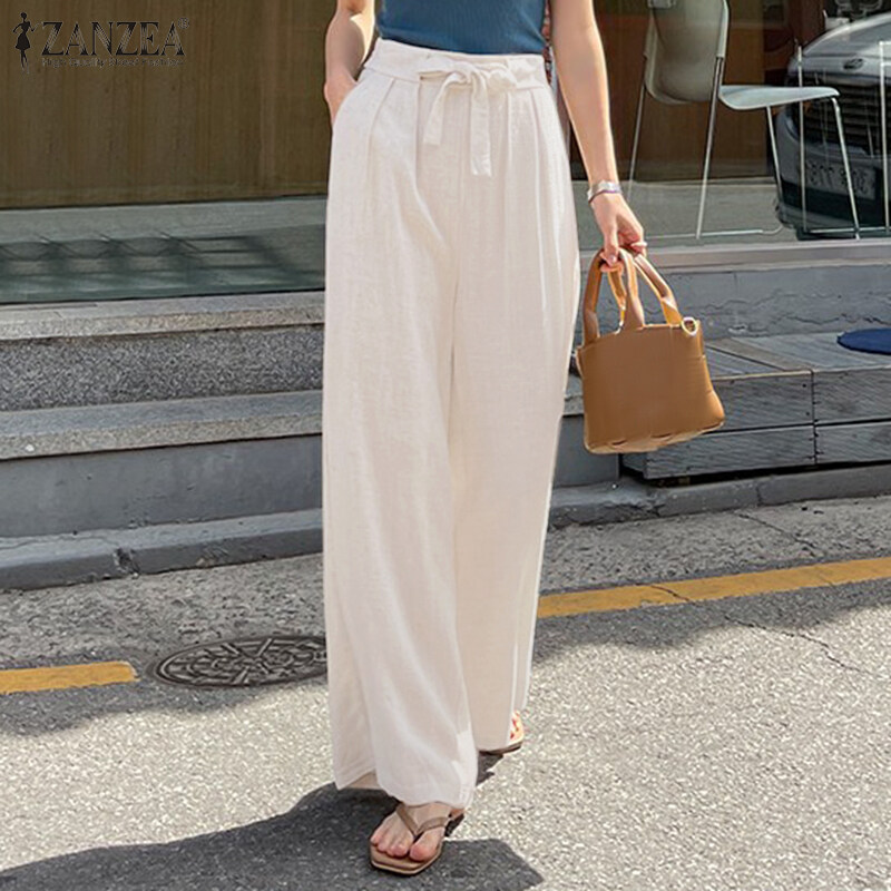 ZANZEA Korean Style Women Cotton Elastic Waist Solid Straight Trousers Solid Loose Lace-Up Pleating Pants #10