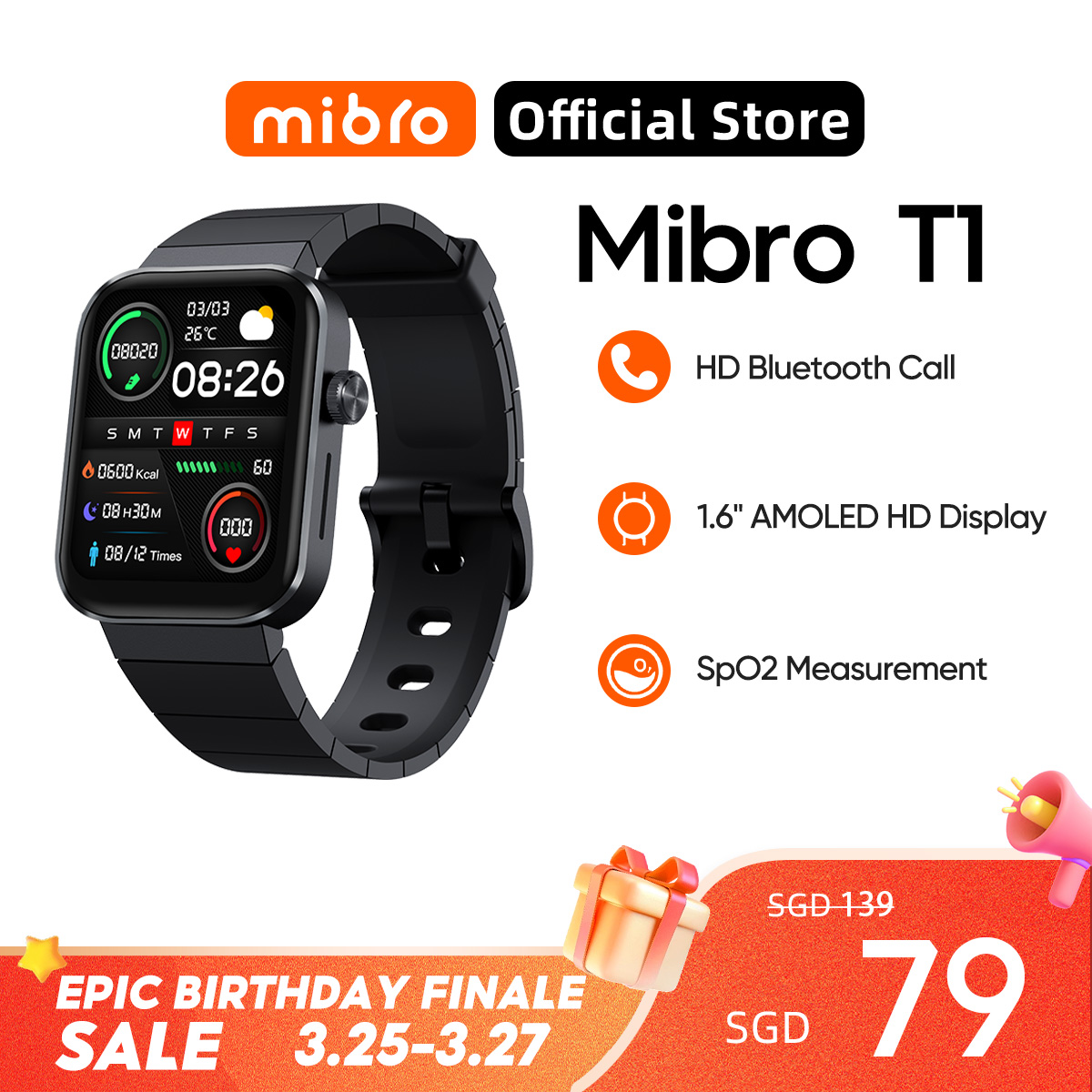 Mibro T1 Smartwatch Bluetooth call 1.6-inch AMOLED Display SPO2 Sensor Global Version