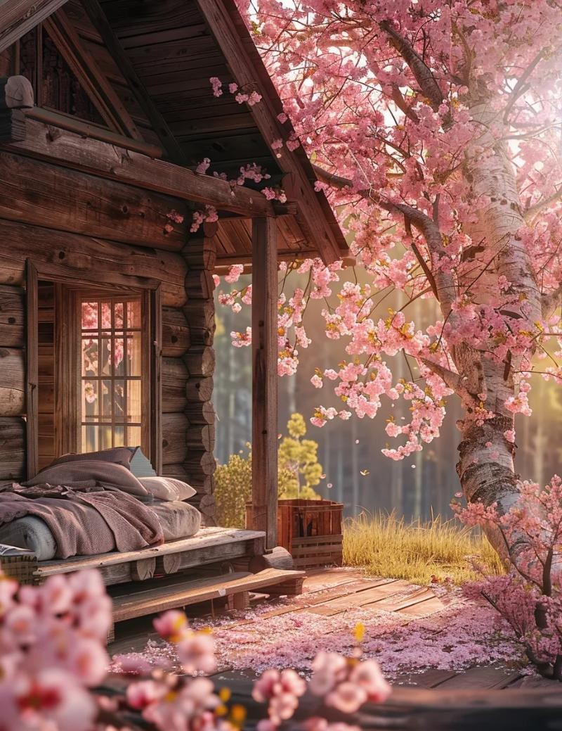 桜の木の下の非凡な小屋