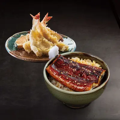 Grilled Eel Mini Rice Bowl . Assorted Tempura
