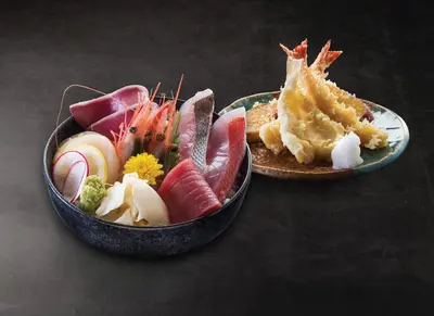 Deluxe Assorted Sashimi Mini Rice Bowl . Assorted Tempura